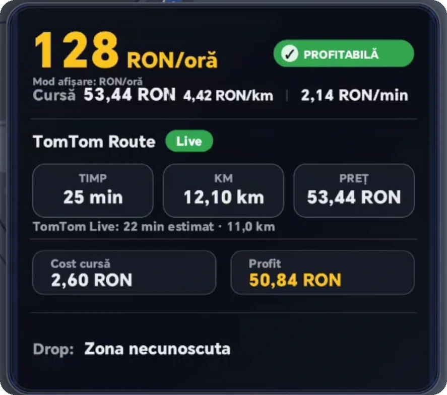 Tarjeta RideGo de rentabilidad con TomTom Route Live, coste y beneficio estimado