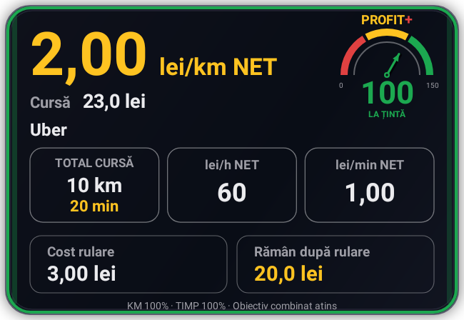 Card Profit+ cu suma după rulare, valori NET și vitezometrul scorului